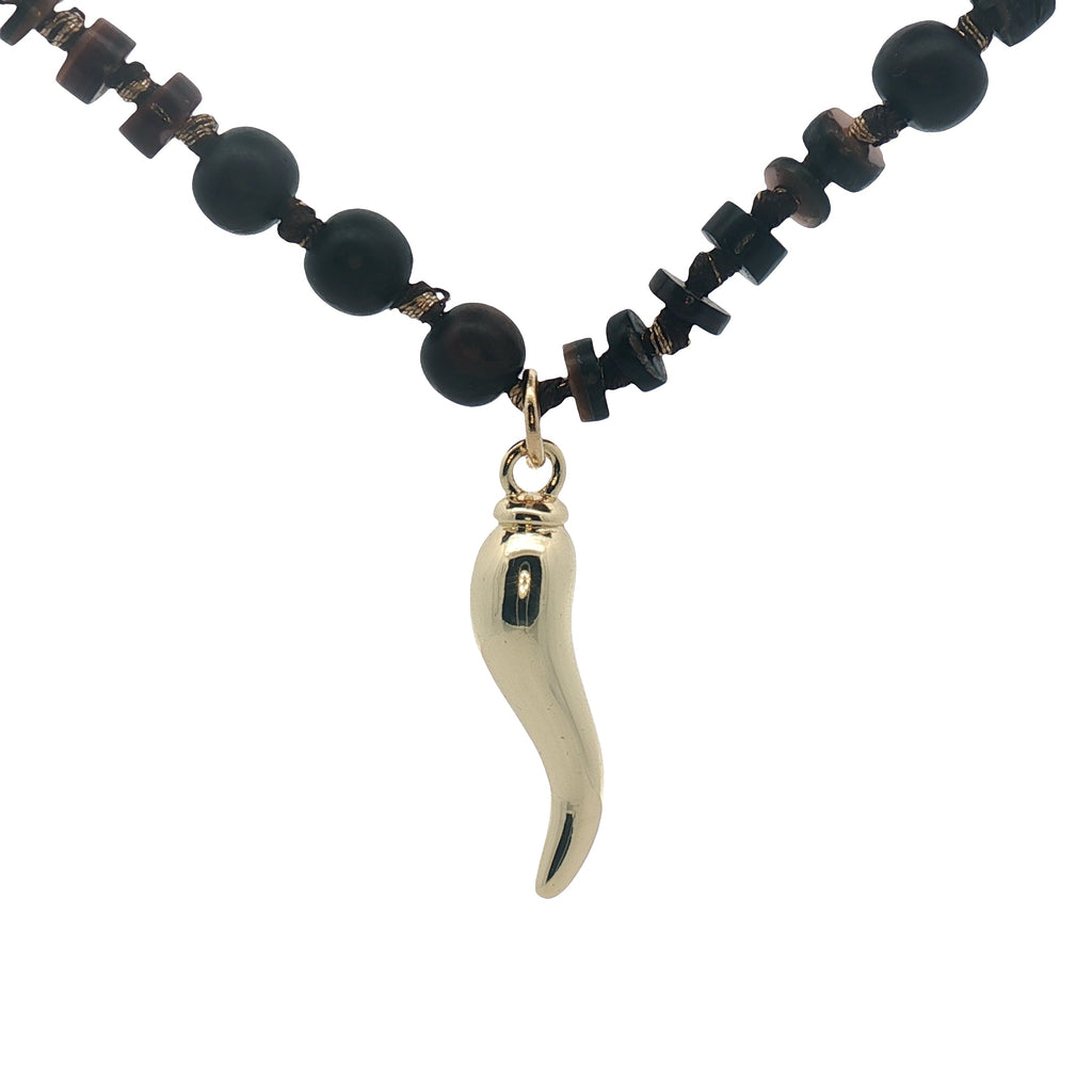 Collier piment doré mix perles bois marron 90 cm