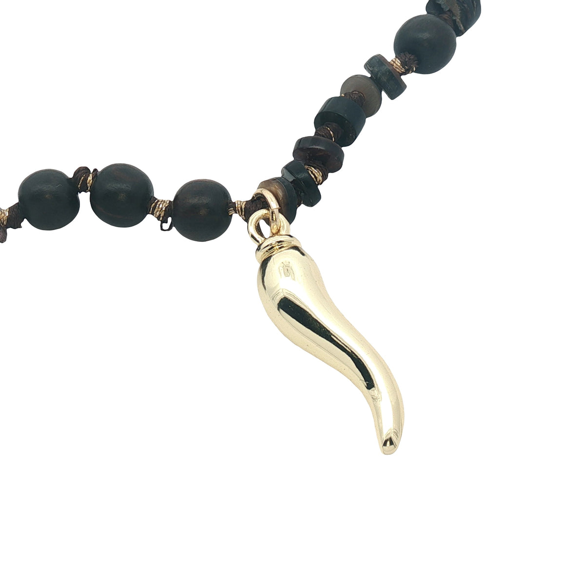 Collier piment doré mix perles bois marron 90 cm