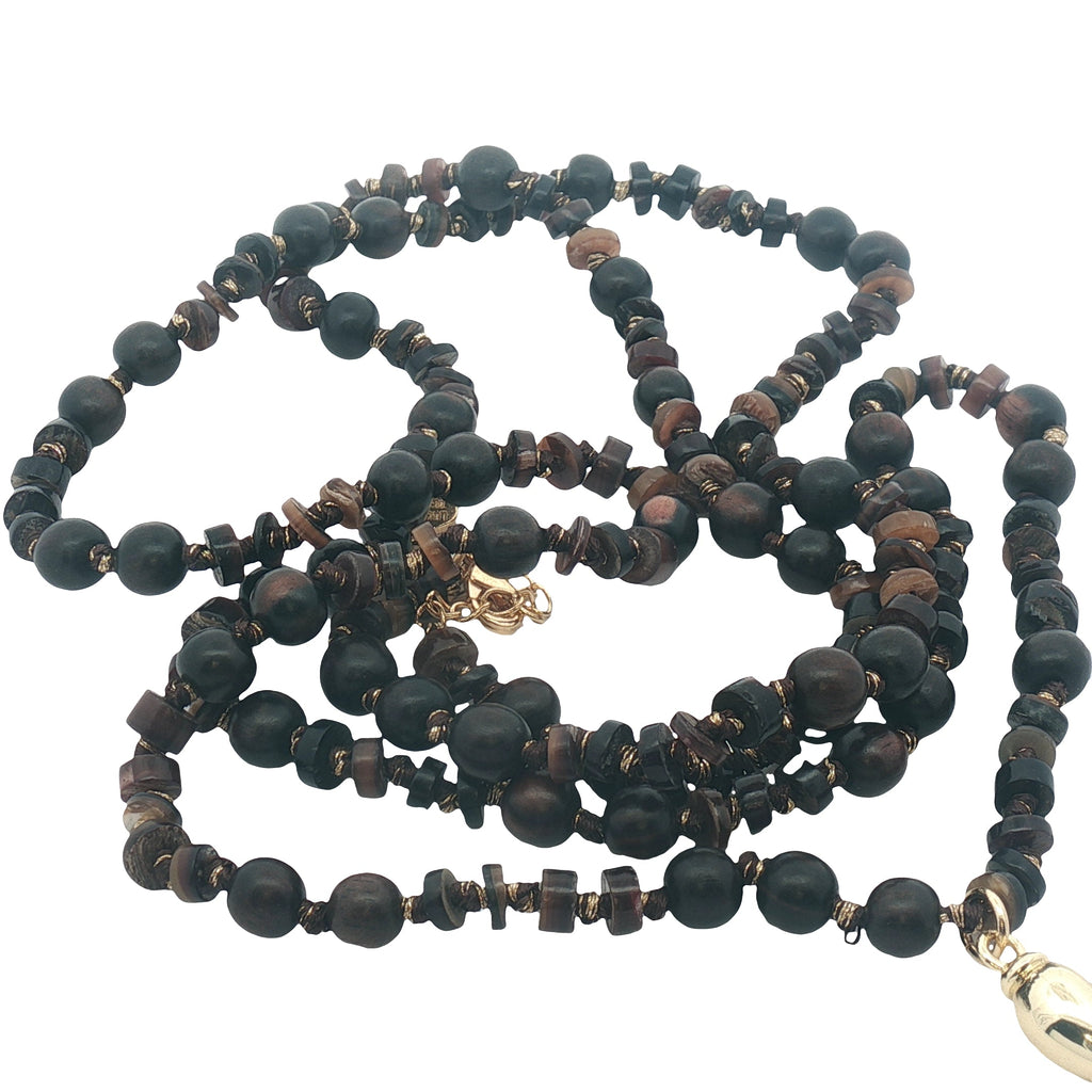 Collier piment doré mix perles bois marron 90 cm