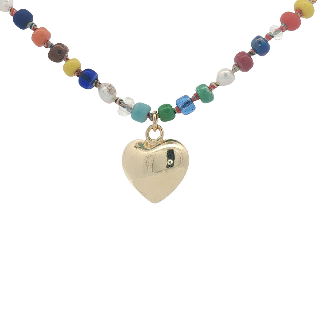 Collier coeur doré perles colorées et perles de culture 75 cm