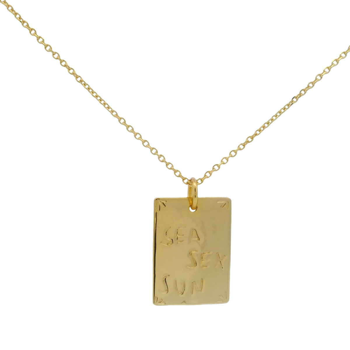Collier doré plaque rectangle "sea sex sun" et coquillage 42cm