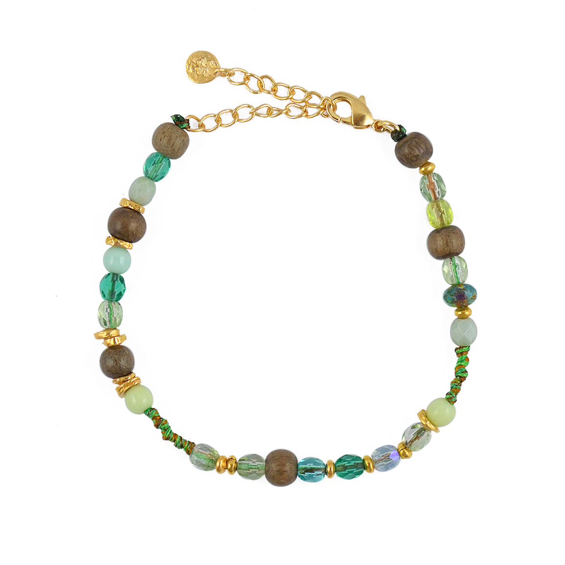 Bracelet mix perles disques dorés et noeuds - BOIS & VERT