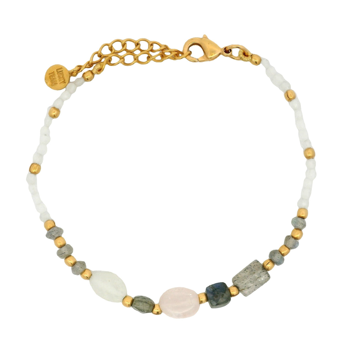 Bracelet doré labradorite, pierre de lune, quartz rose et petites boules