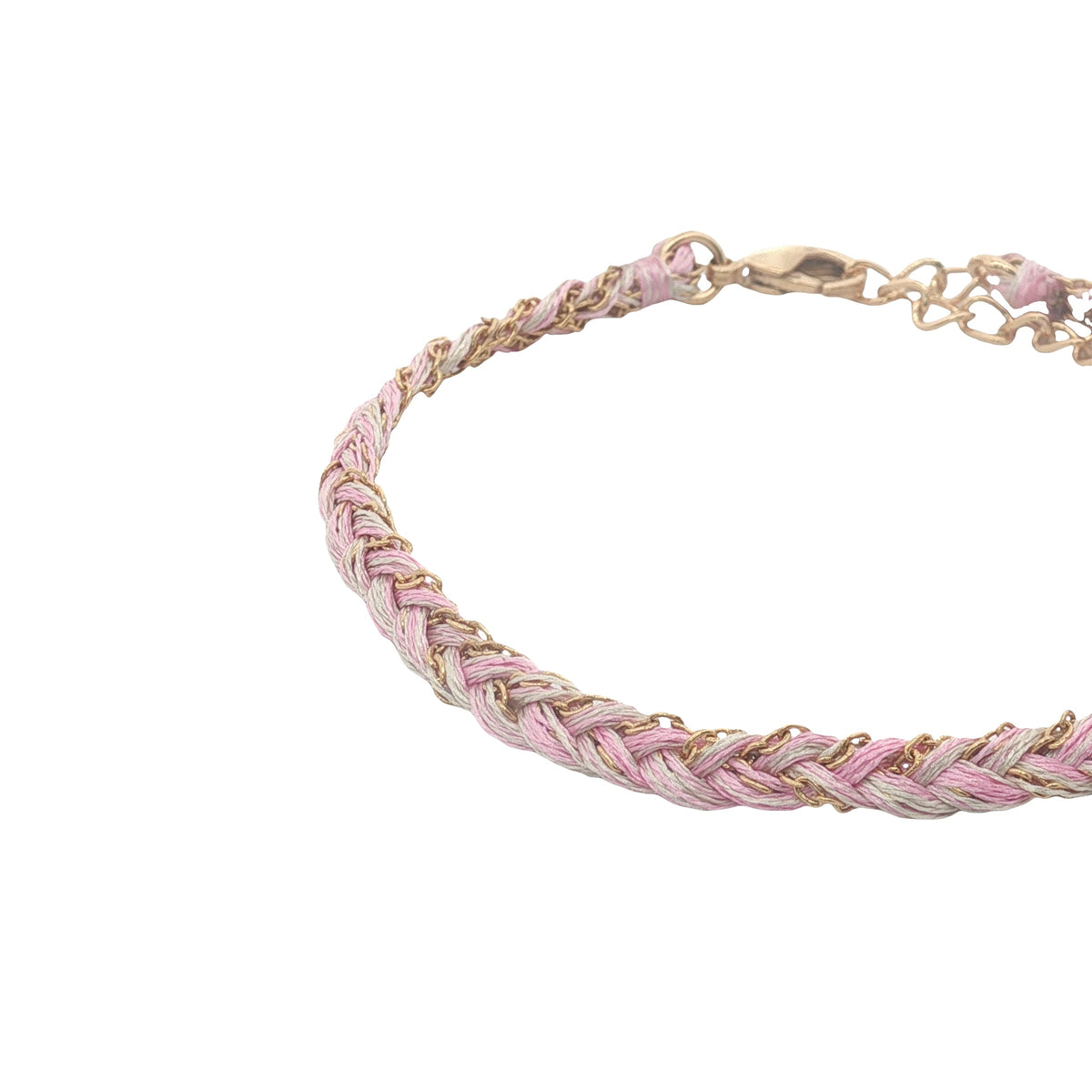 Bracelet doré brésilien cordon rose et gris chaine dorée PM
