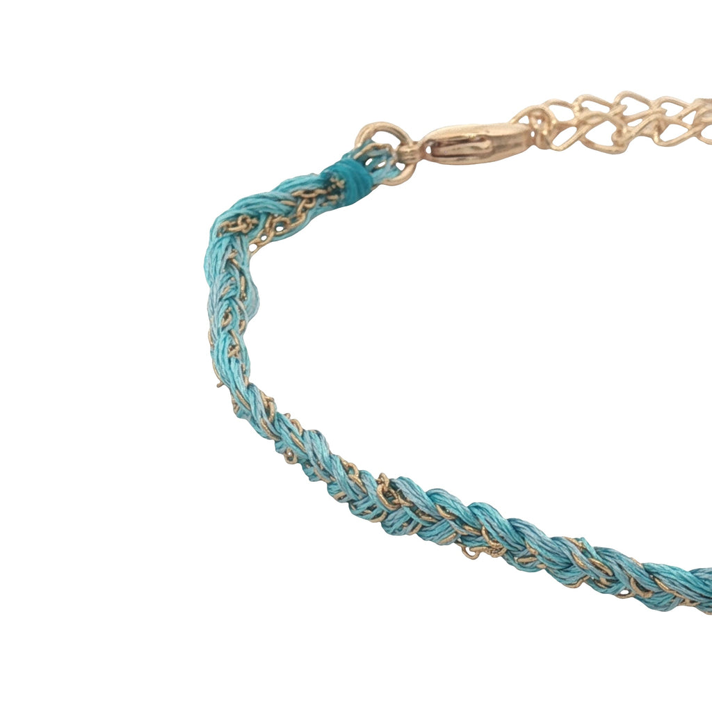 Bracelet doré brésilien cordon turquoise et chaine dorée PM