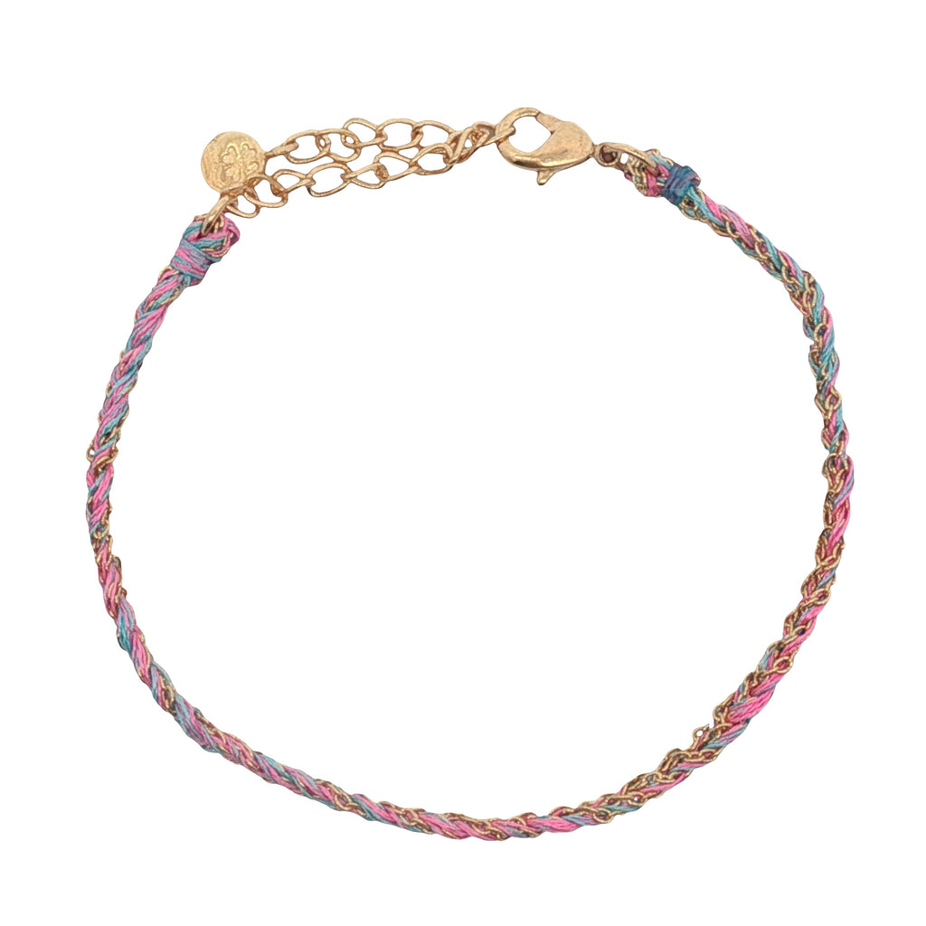 Bracelet doré brésilien cordon turquoise et rose chaine dorée PM