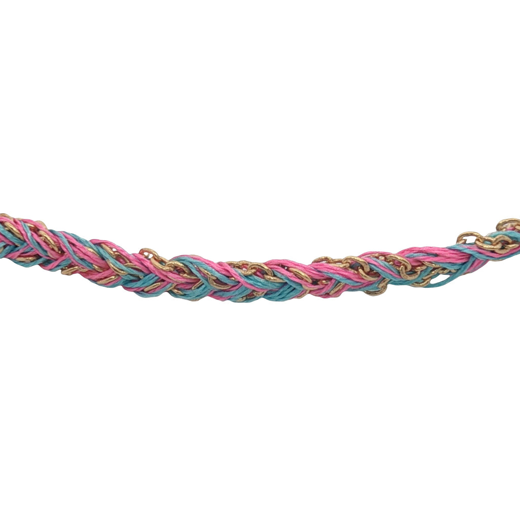 Bracelet doré brésilien cordon turquoise et rose chaine dorée PM