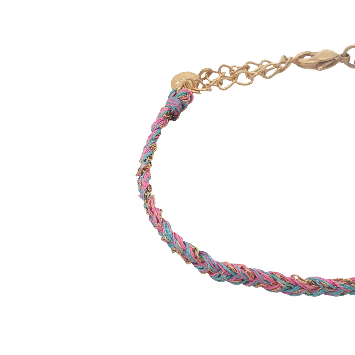 Bracelet doré brésilien cordon turquoise et rose chaine dorée PM