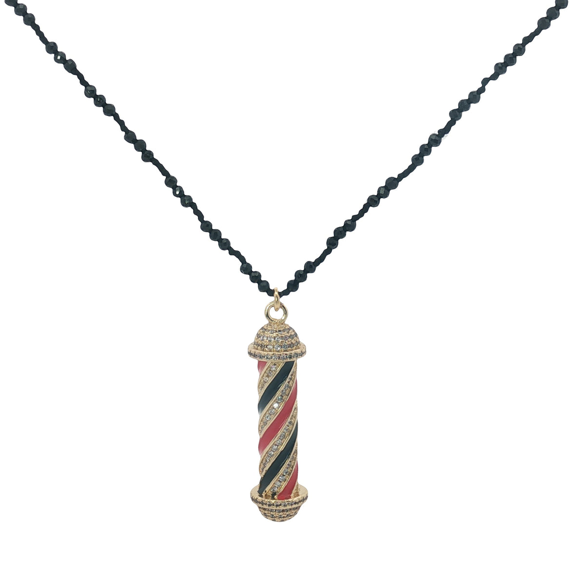 Collier doré perles onyx noire cylindre zircons émail 60 cm