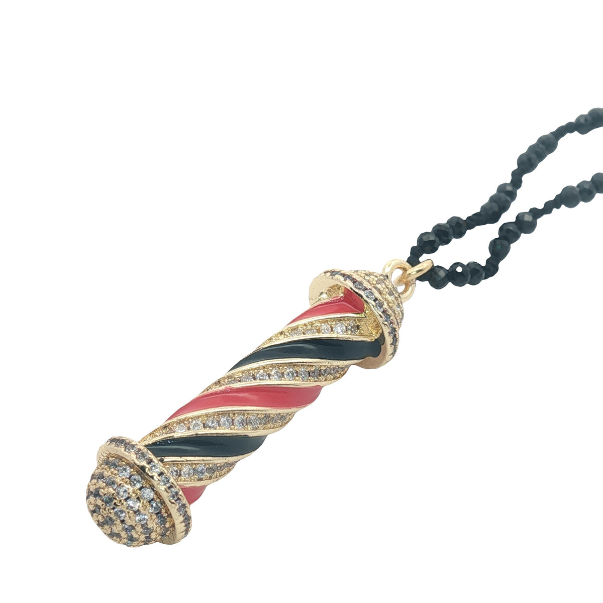 Collier doré perles onyx noire cylindre zircons émail 60 cm