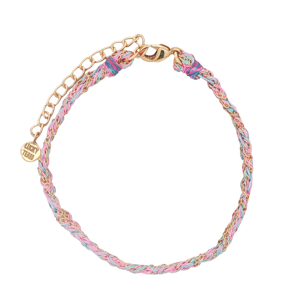 Bracelet brésilien doré cordon rose et bleu chaine dorée GM
