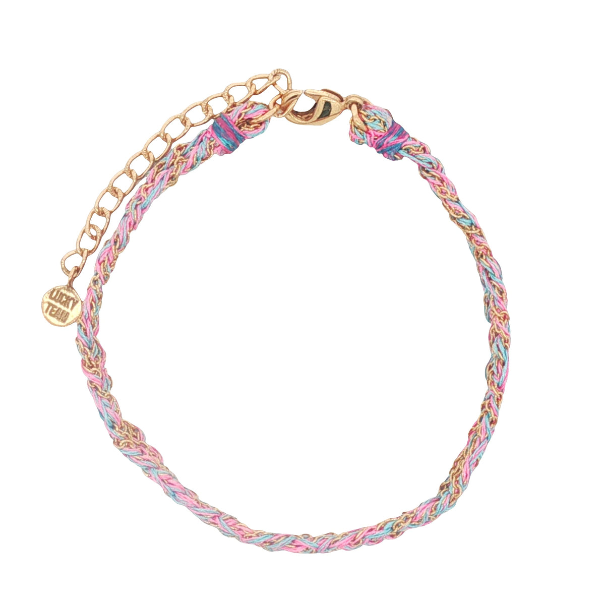 Bracelet brésilien doré cordon rose et bleu chaine dorée GM