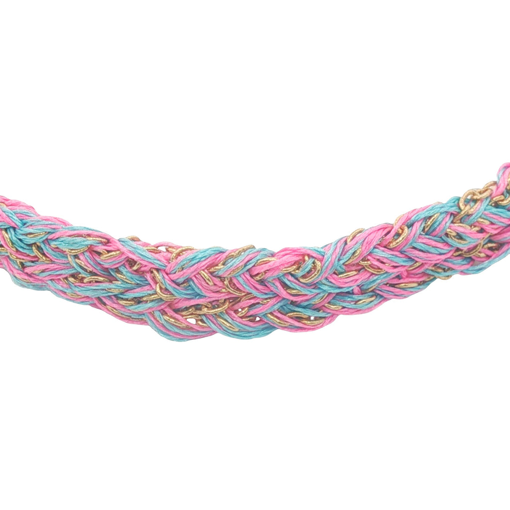 Bracelet brésilien doré cordon rose et bleu chaine dorée GM