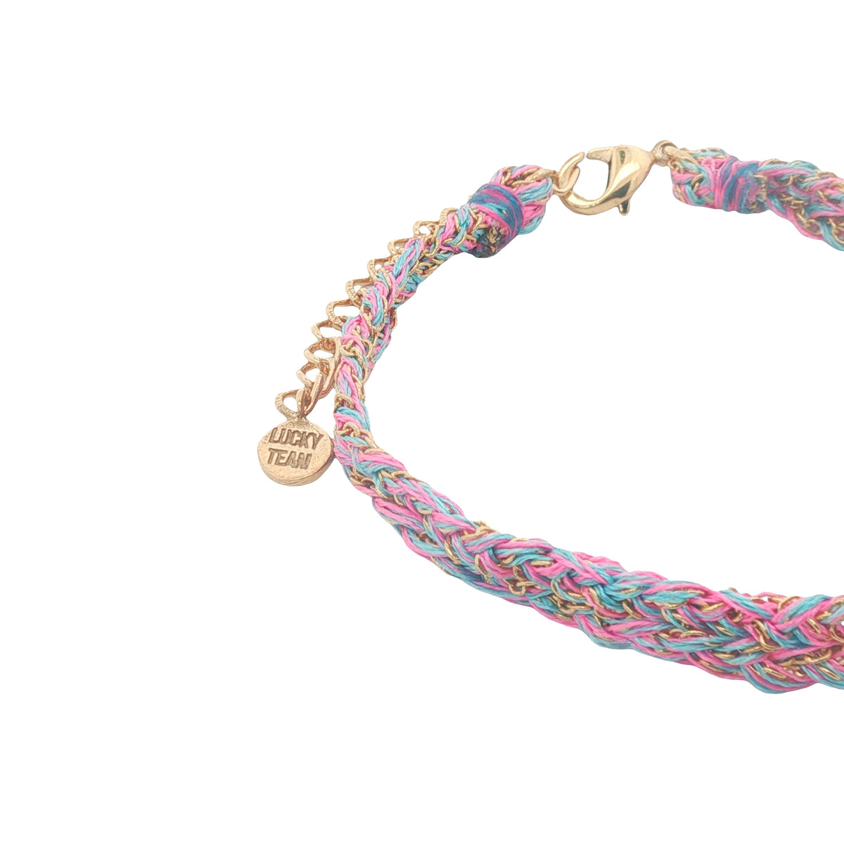 Bracelet brésilien doré cordon rose et bleu chaine dorée GM