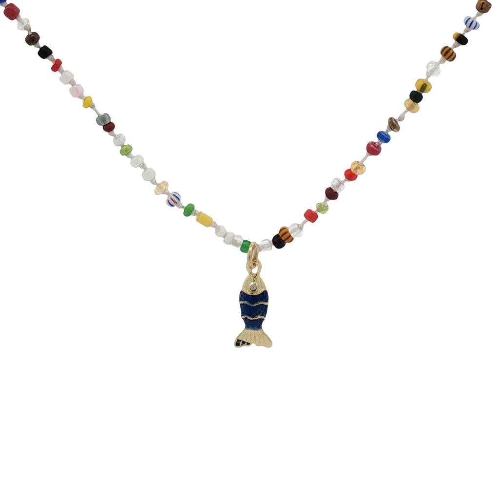 Collier doré perles multicolores poisson bleu 38 cm