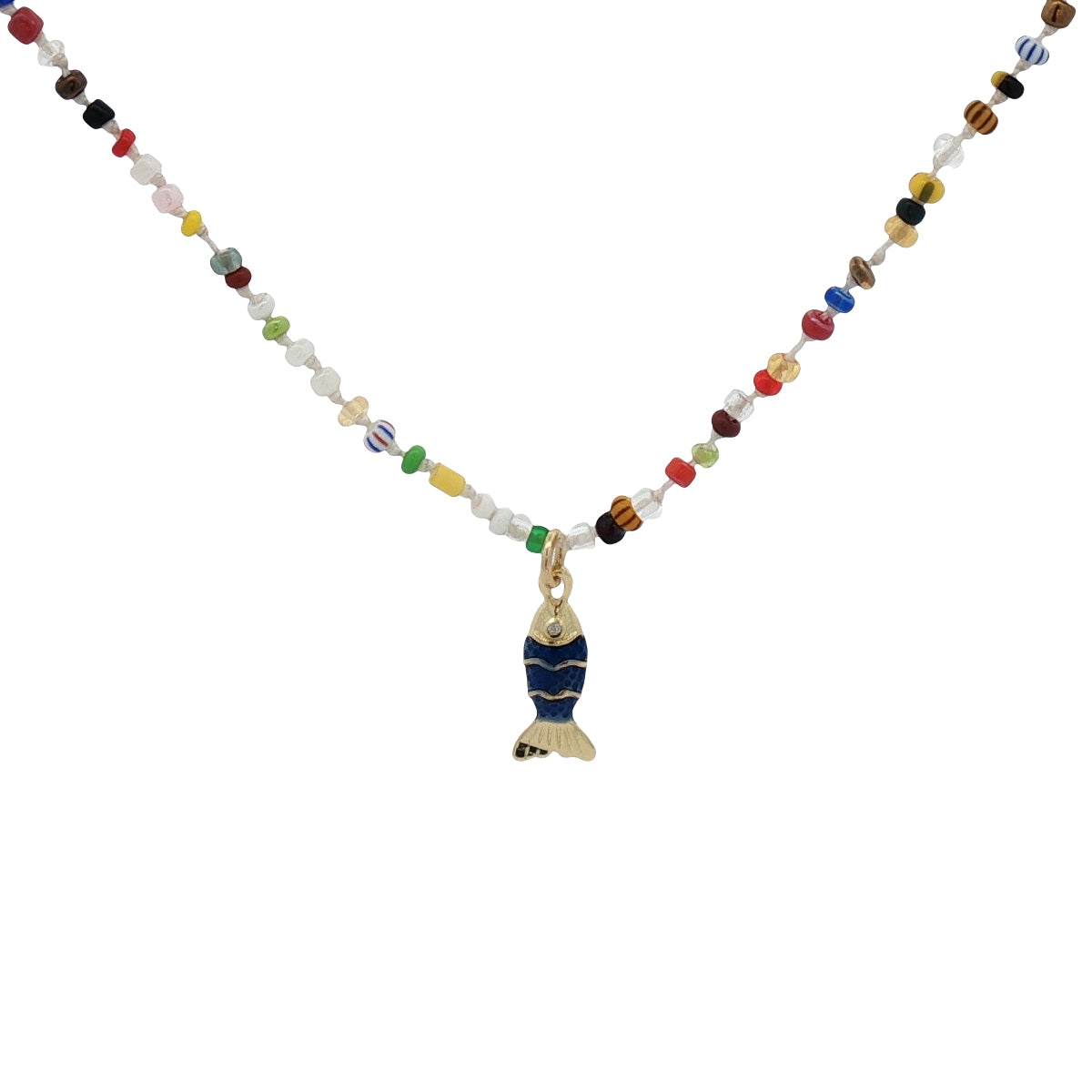 Collier doré perles multicolores poisson bleu 38 cm