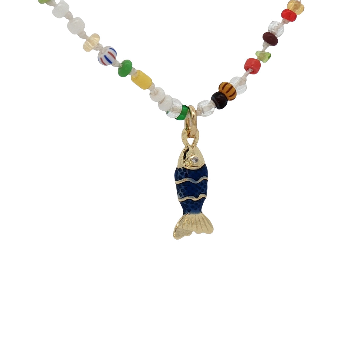Collier doré perles multicolores poisson bleu 38 cm