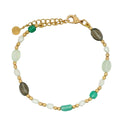 Bracelet doré mix onyx verte, prehnite, quartz fumé, perle de culture et boule dorées