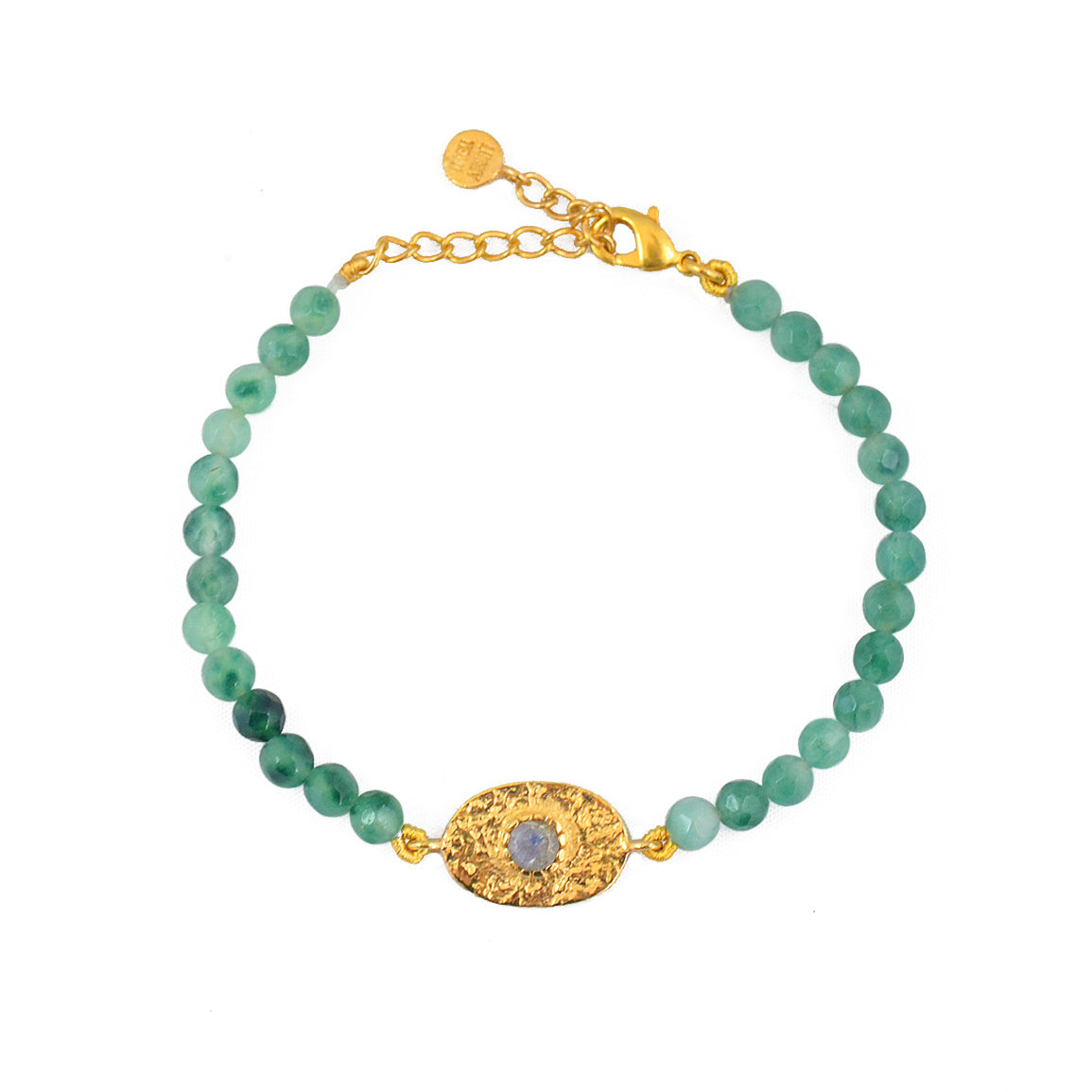 Bracelet doré pierres plaque ovale martelée - AGATE VERTE