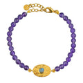 Bracelet doré pierres plaque ovale martelée - AGATE MAUVE
