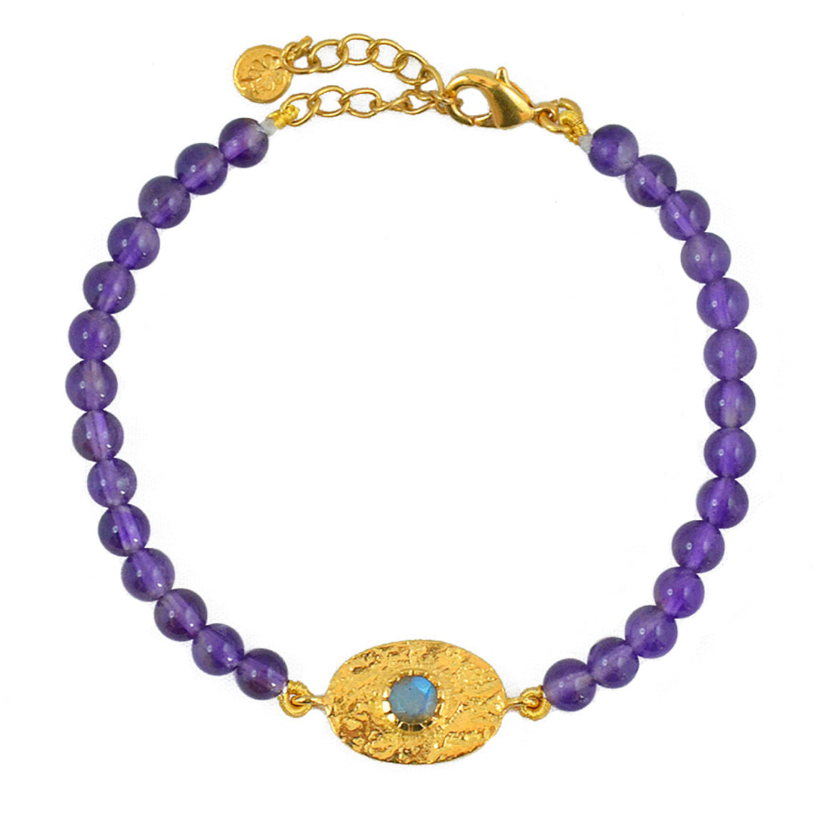 Bracelet doré pierres plaque ovale martelée - AGATE MAUVE
