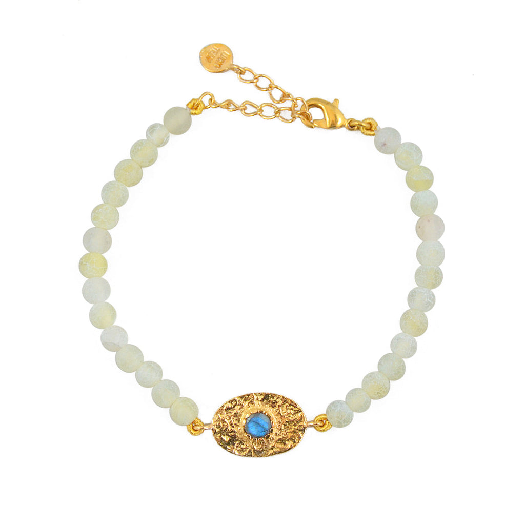 Bracelet doré pierres plaque ovale martelée - AGATE BLANCHE