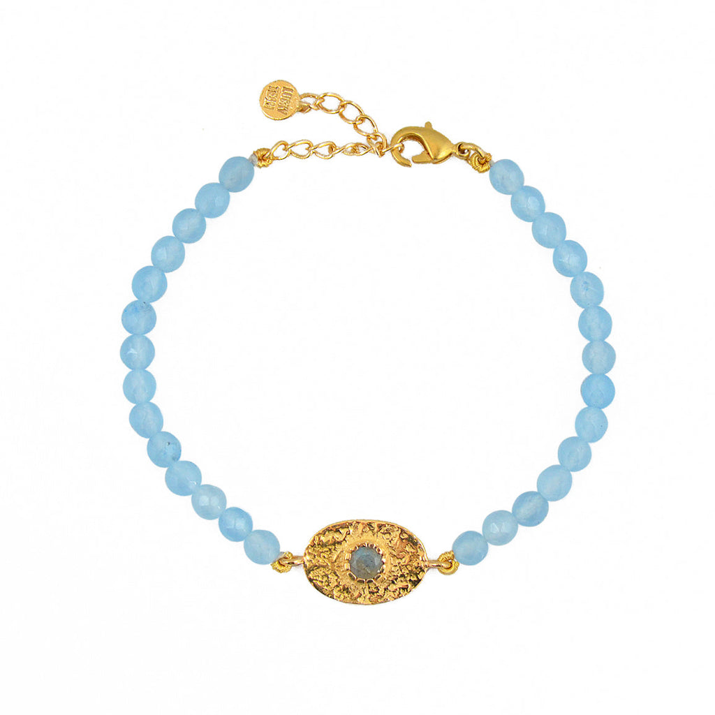 Bracelet doré pierres plaque ovale martelée - AGATE BLEUE