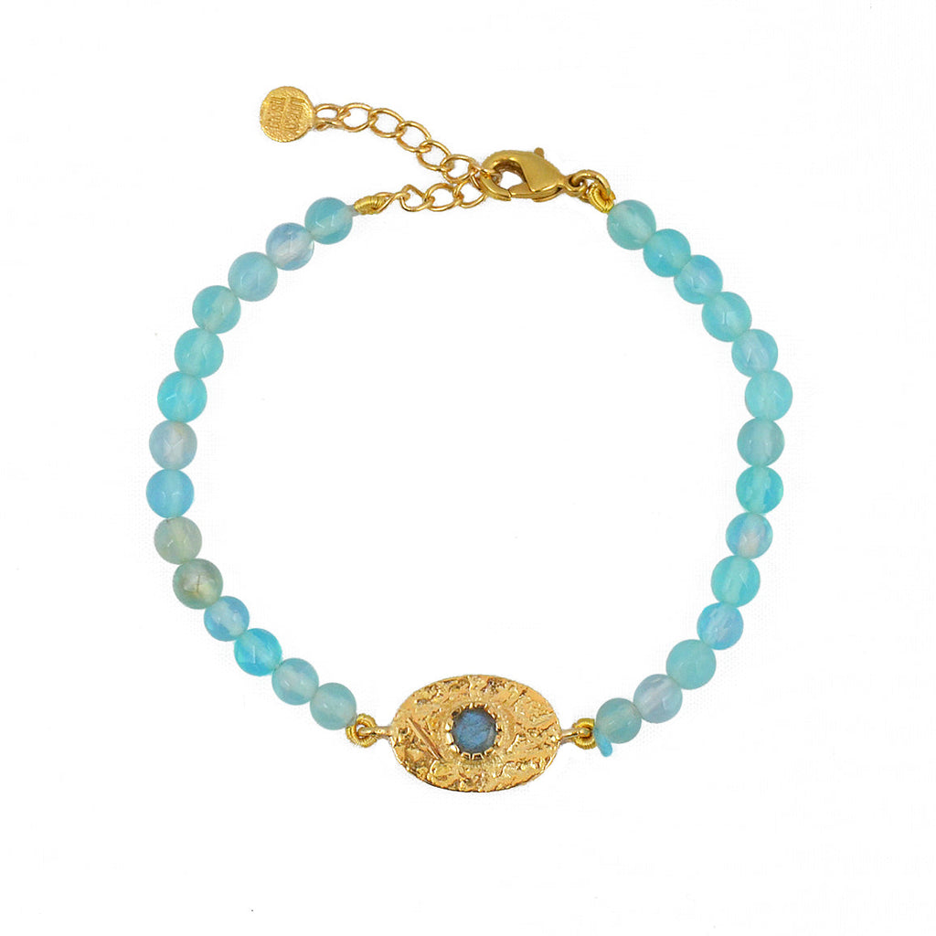 Bracelet doré pierres plaque ovale martelée - BLEU