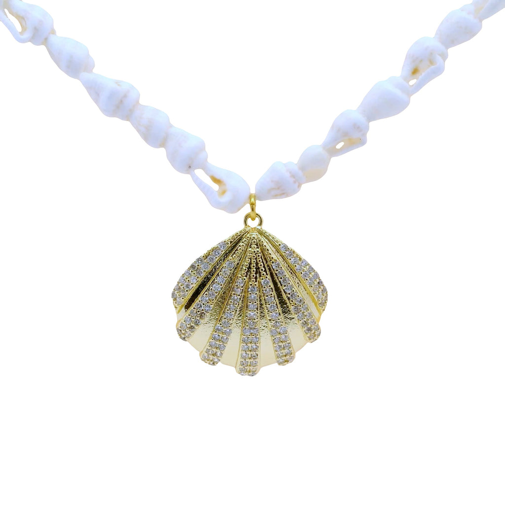 Collier doré coquillage et zircons 80 cm
