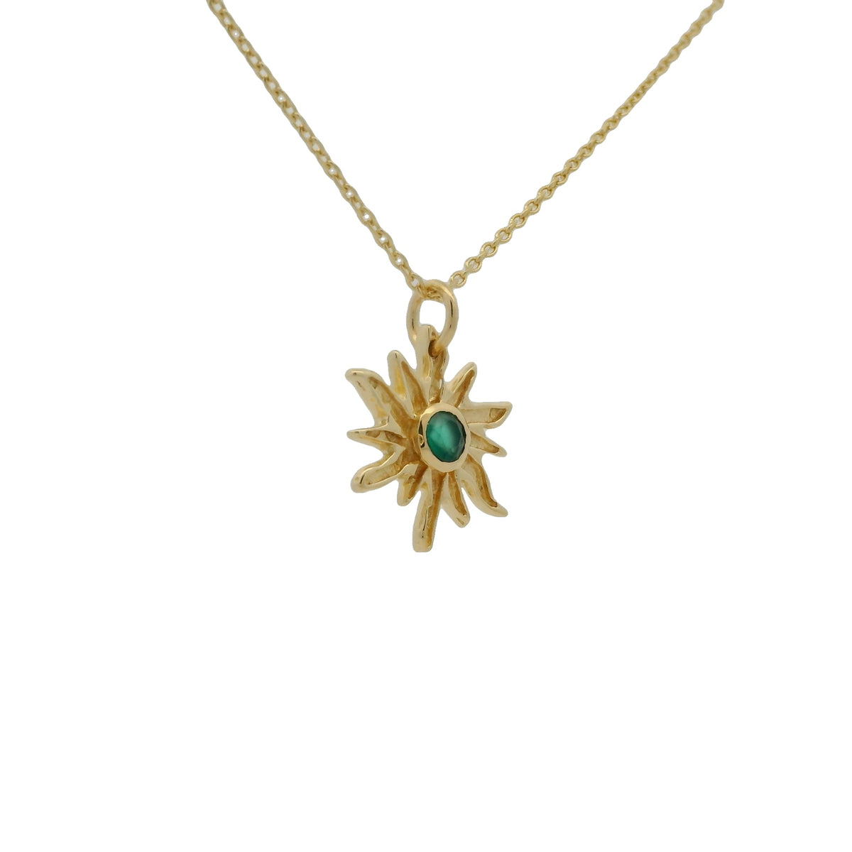 Collier doré soleil rayons irréguliers et onyx verte 42 cm