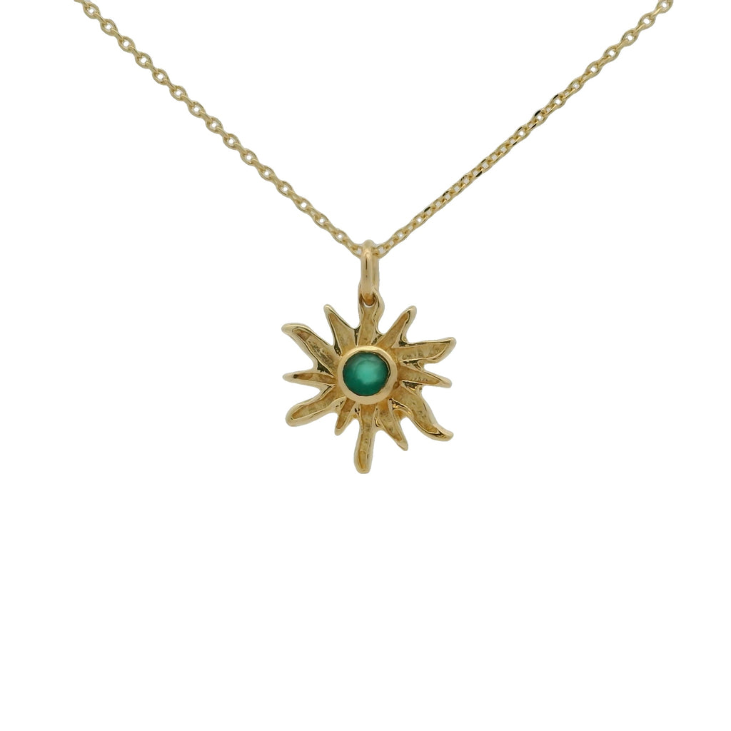 Collier doré soleil rayons irréguliers et onyx verte 42 cm