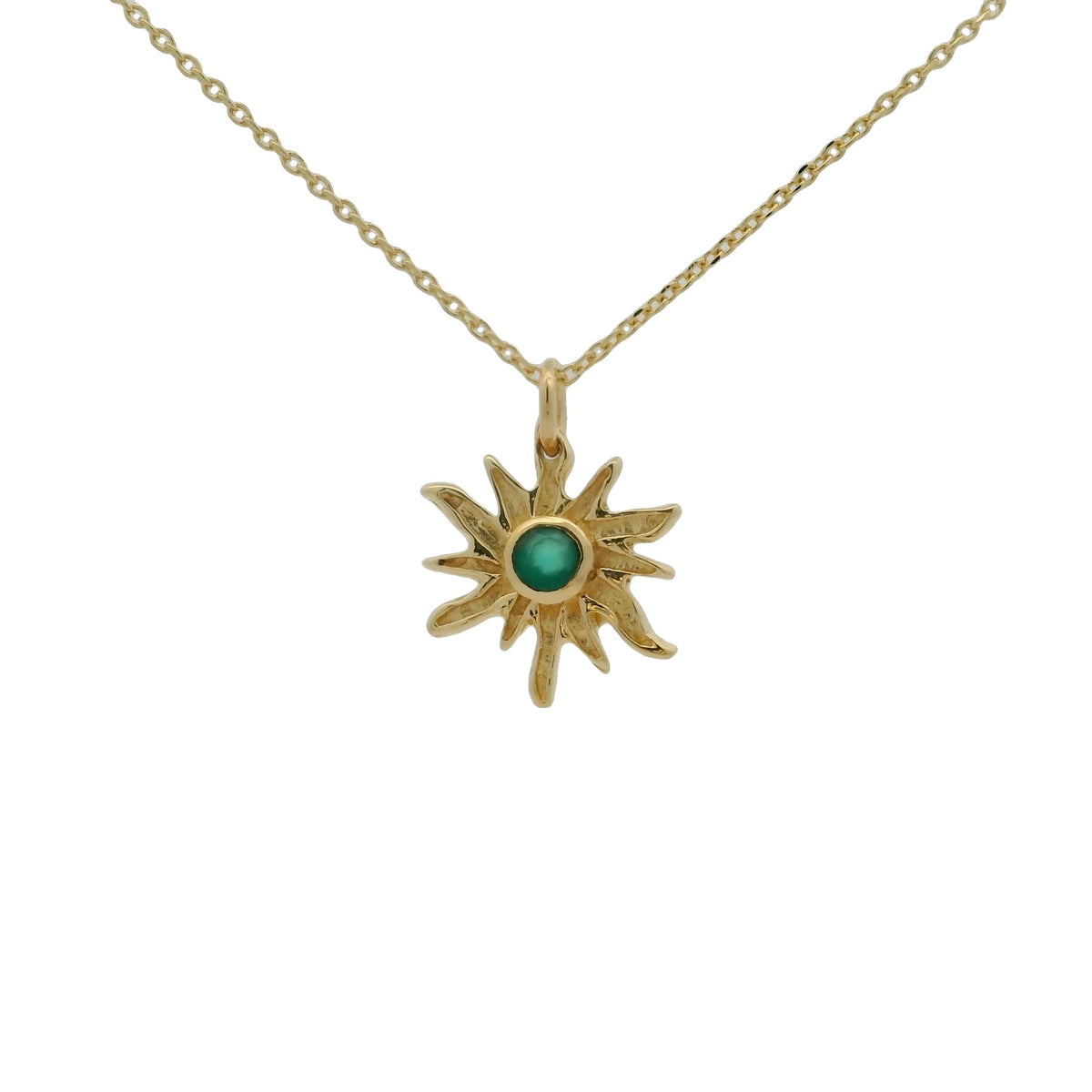 Collier doré soleil rayons irréguliers et onyx verte 42 cm