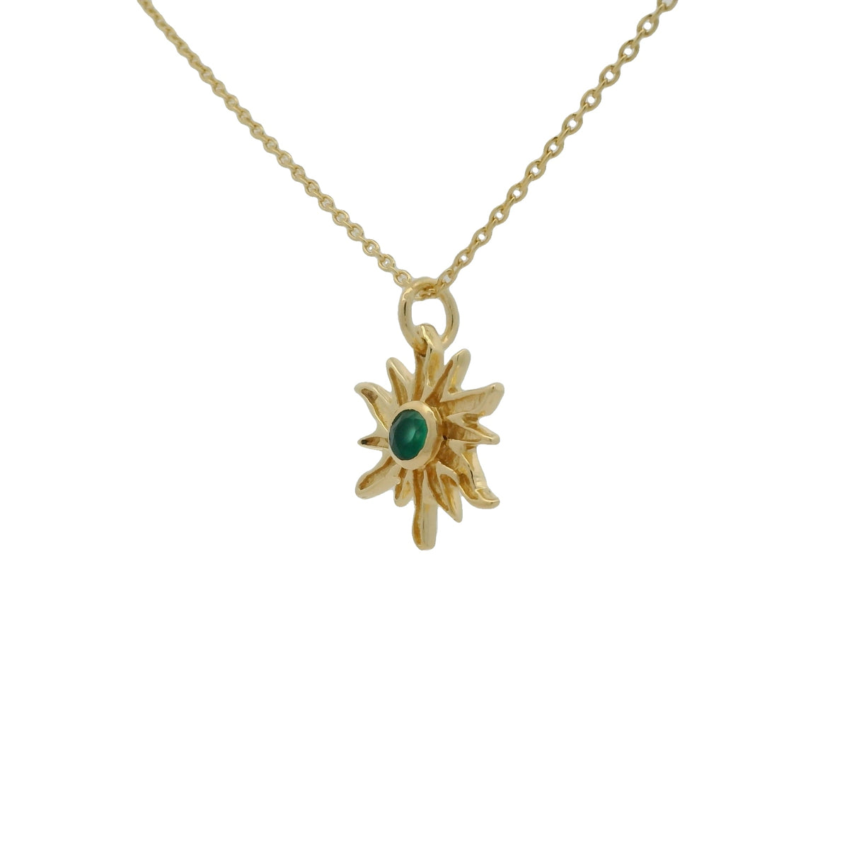 Collier doré soleil rayons irréguliers et onyx verte 42 cm