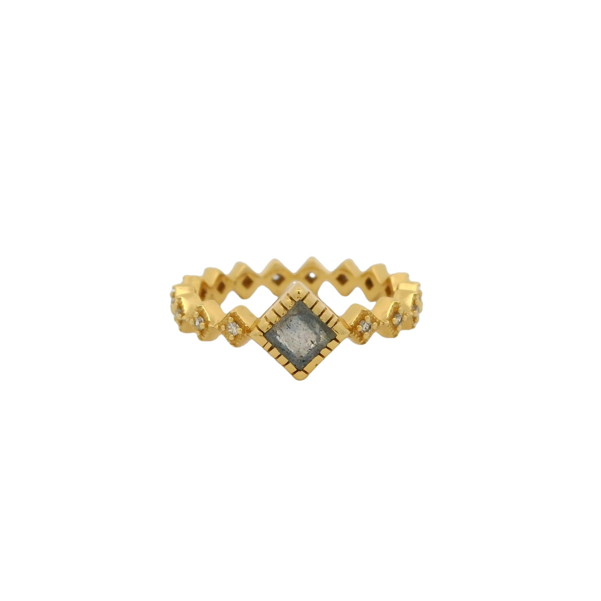 Bague dorée anneau carrés zircons et pierre