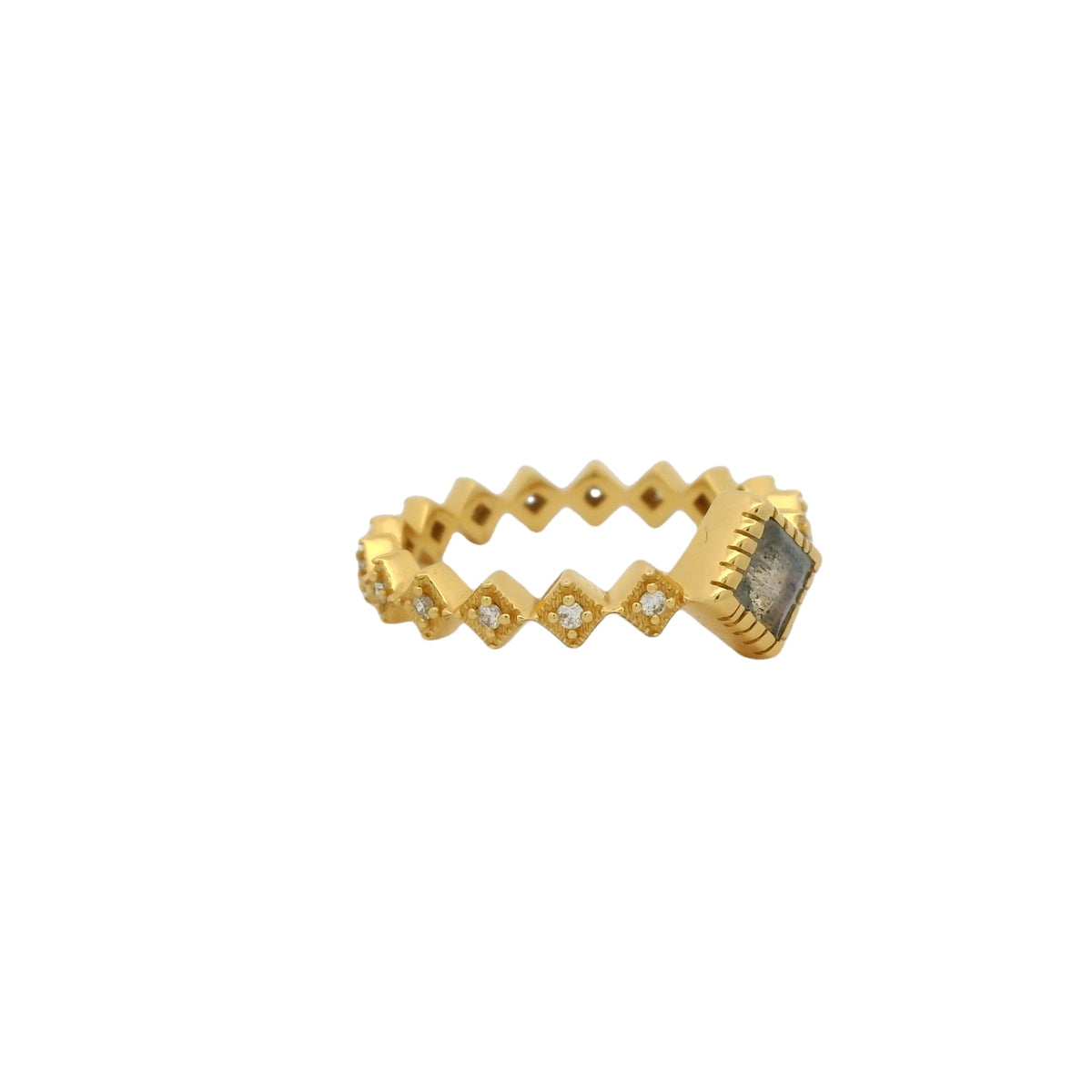 Bague dorée anneau carrés zircons et pierre