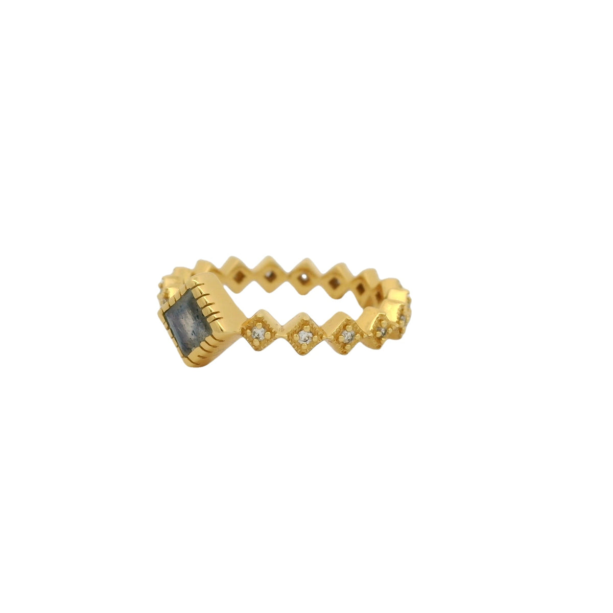 Bague dorée anneau carrés zircons et pierre