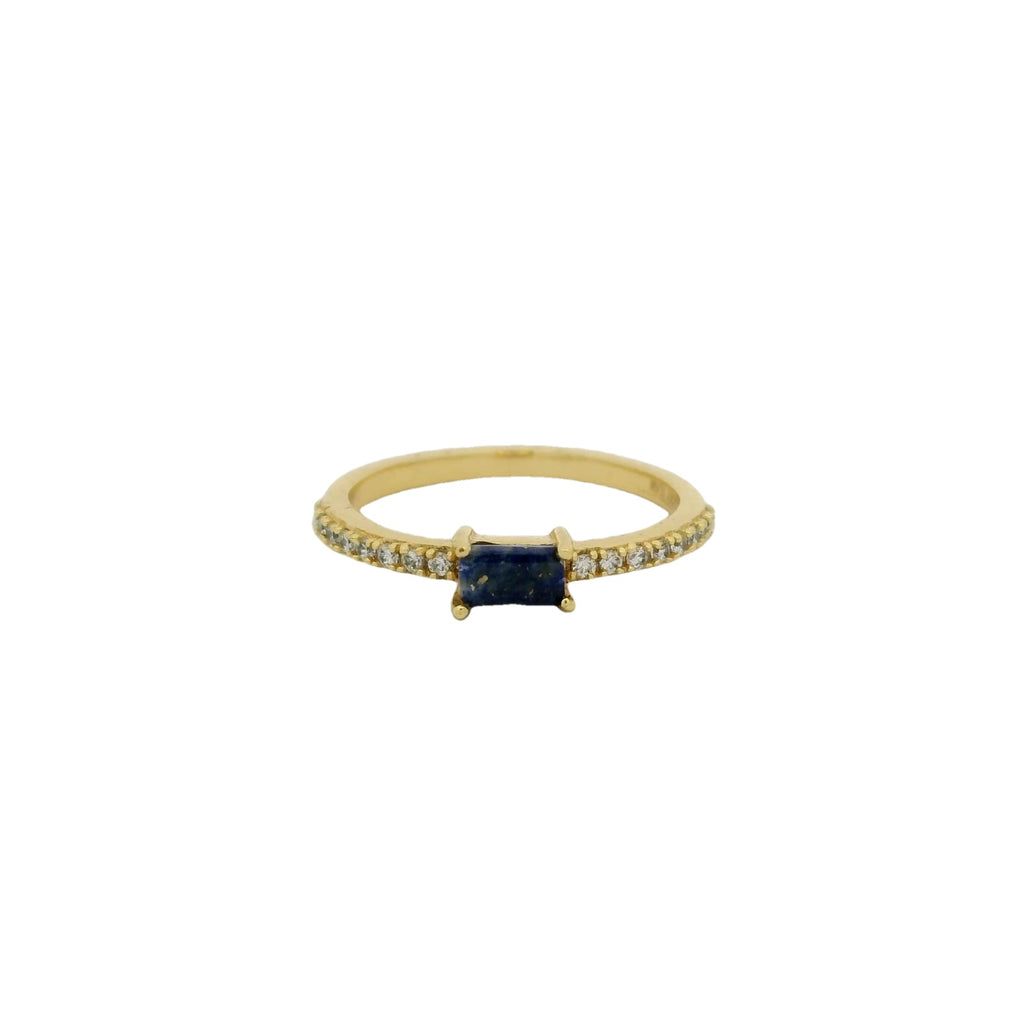 Bague dorée fine lapis lazulis rectangulaire avec zircons blancs