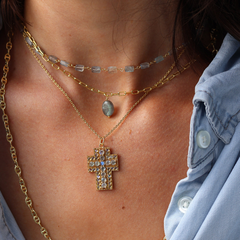 Collier doré maille rectangle et pierre naturelle 42 cm