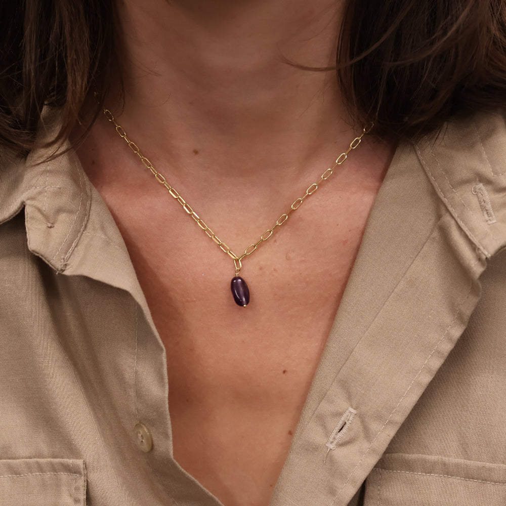 Collier doré maille rectangle et pierre naturelle 42 cm