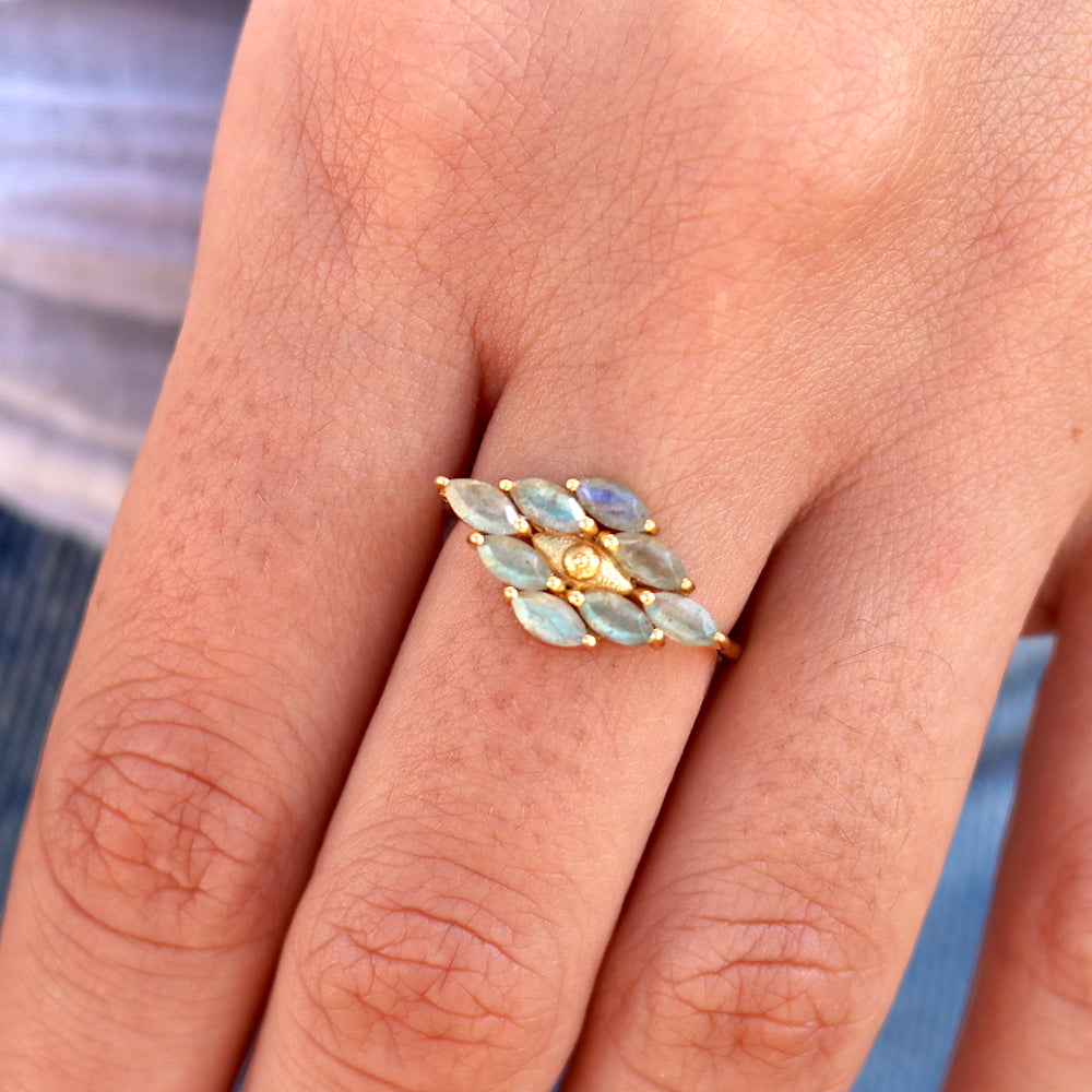 Bague dorée oeil et losange de pierres - 56 / LABRADORITE