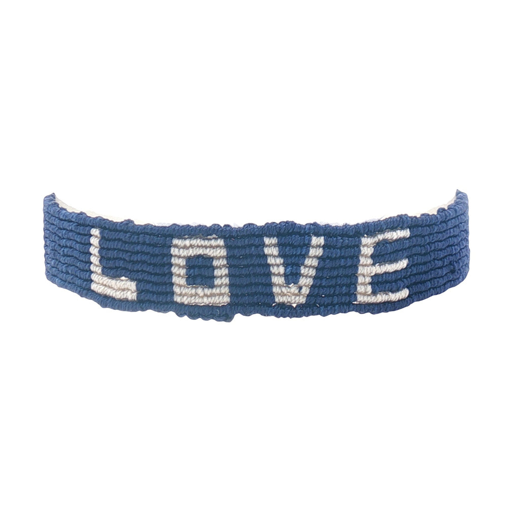 Bracelet brésilien doré fil tissé bleu marine et crème "love"