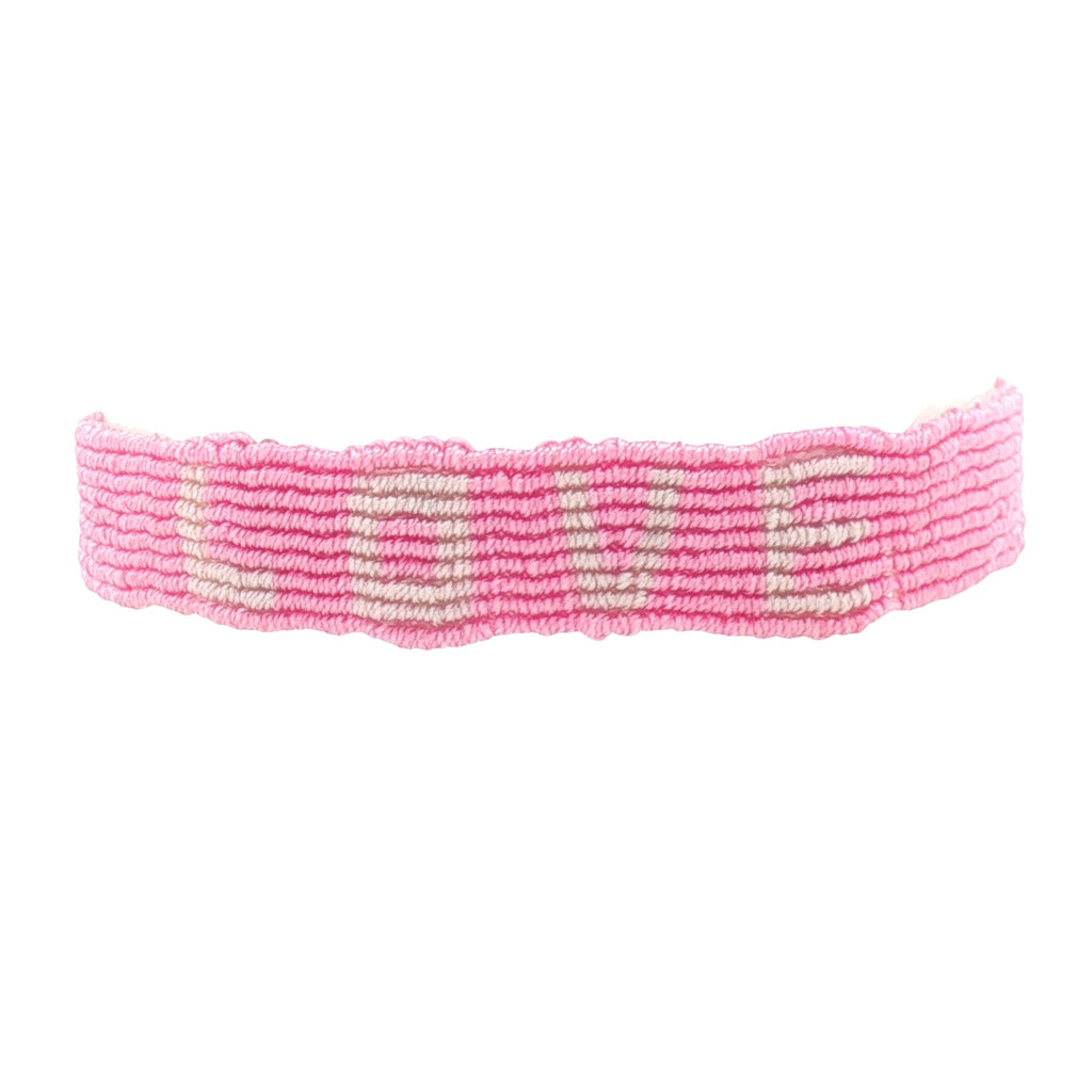 Bracelet brésilien doré fil tissé rose et crème "love"