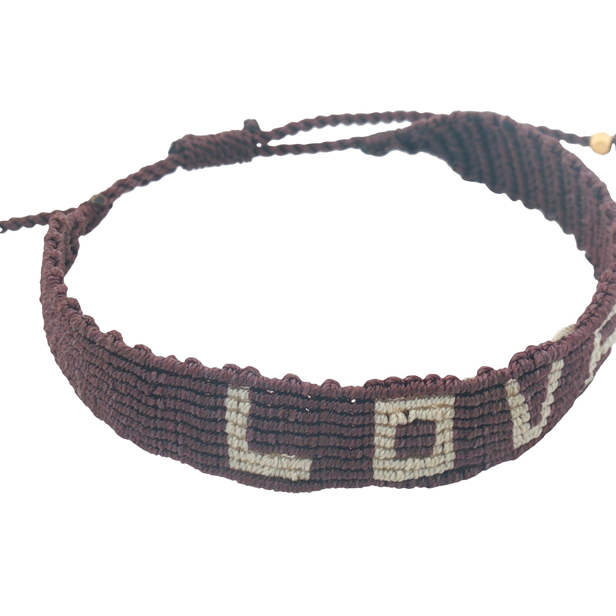 Bracelet brésilien doré fil tissé marron foncé et crème "love"