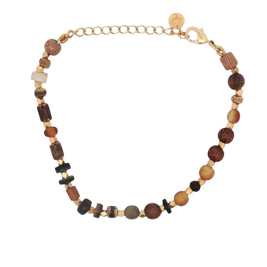 Bracelet doré mix de perles en bois, dorées et fantaisie