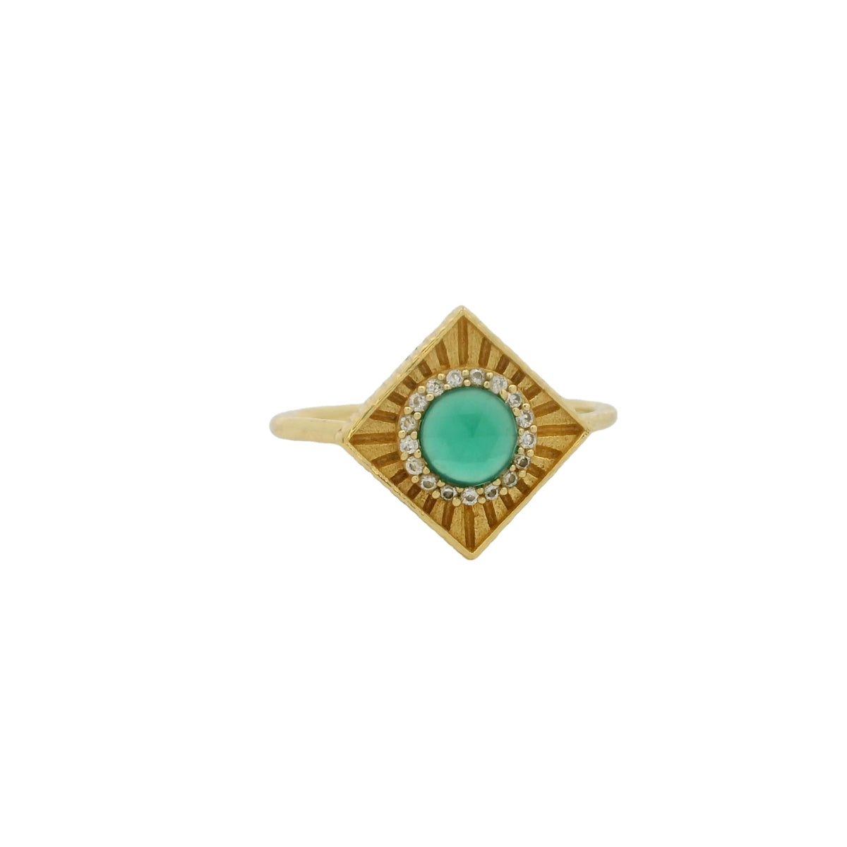 Bague dorée carrée pierre ronde et zircons