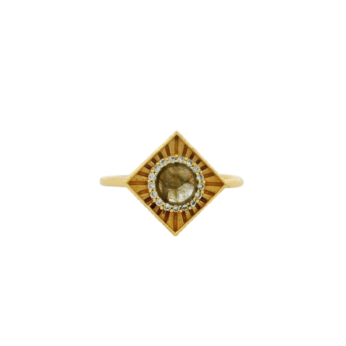 Bague dorée carrée pierre ronde et zircons