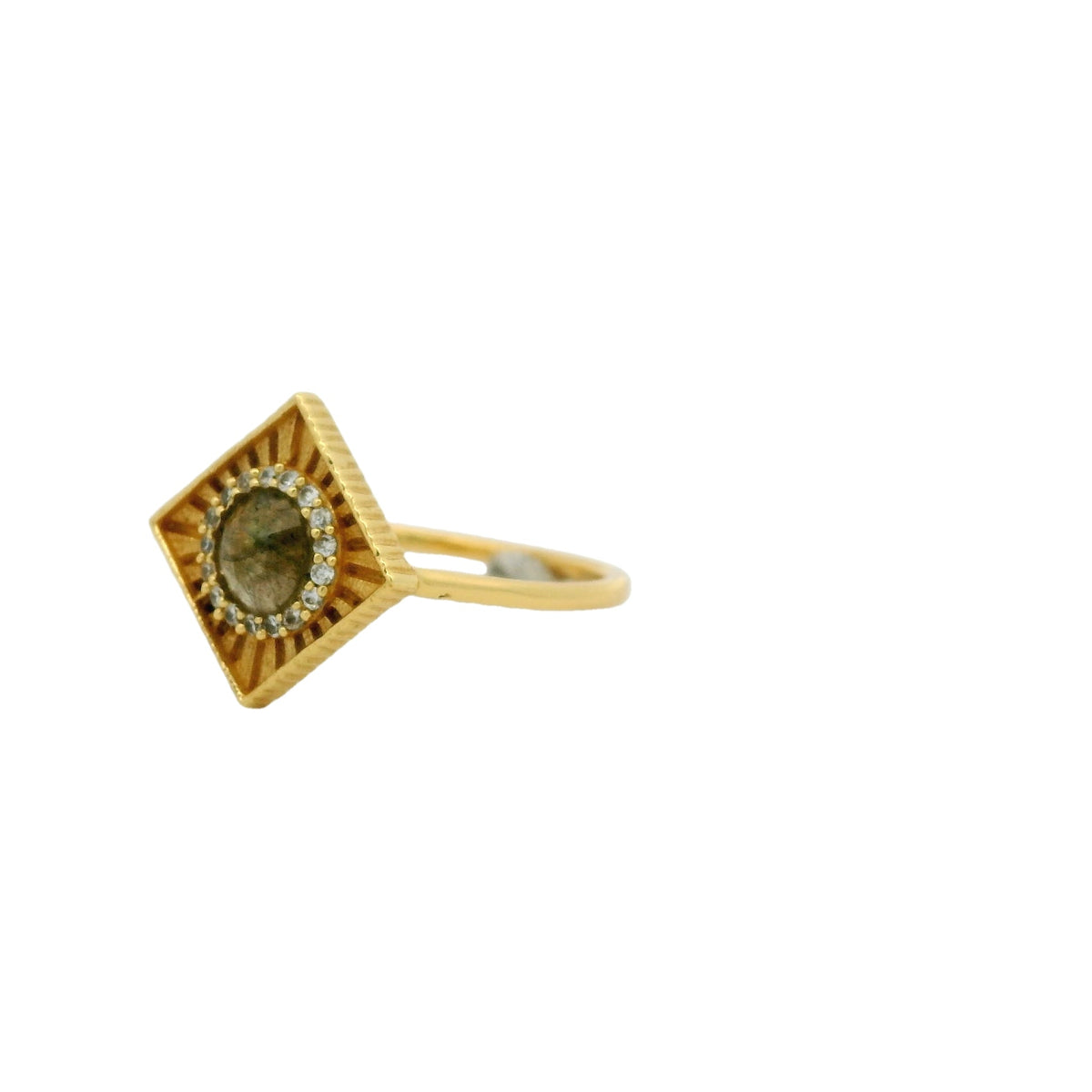 Bague dorée carrée pierre ronde et zircons