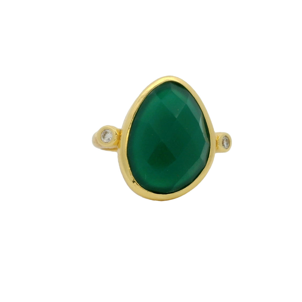 Bague dorée onyx verte facettée XXL et zircons