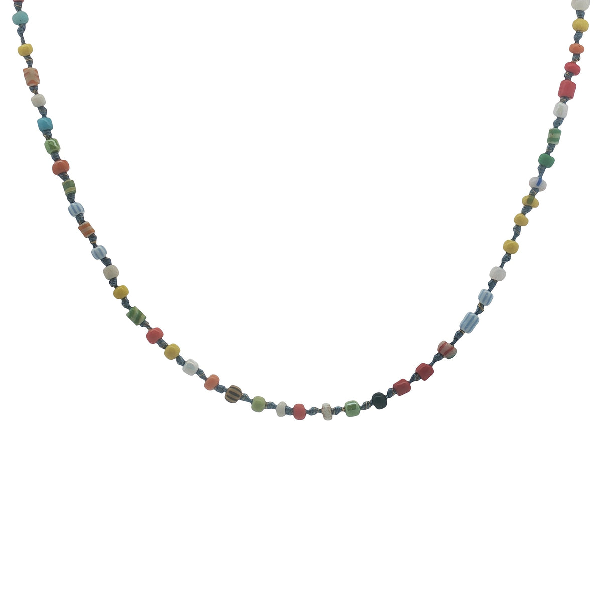 Collier doré perles colorées et noeuds bleus 64 cm